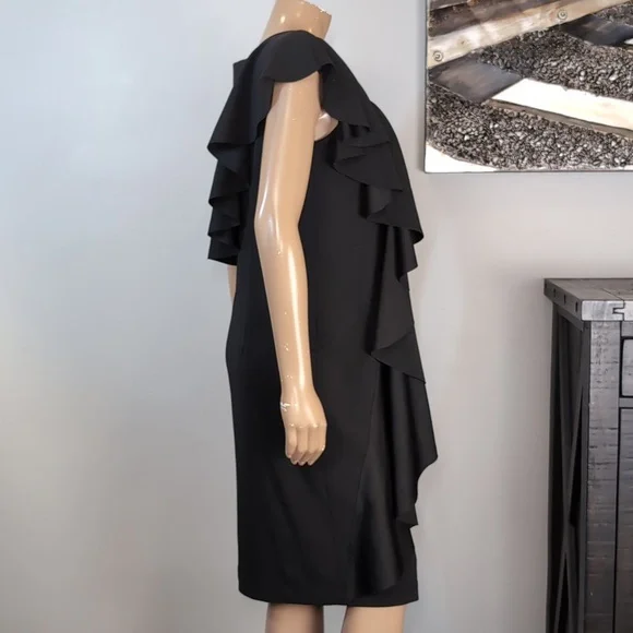 Bailey Ruffle V-Neck Sheath Dress Draped Asymmetric Black Womens Size Medium - Picture 8 of 14